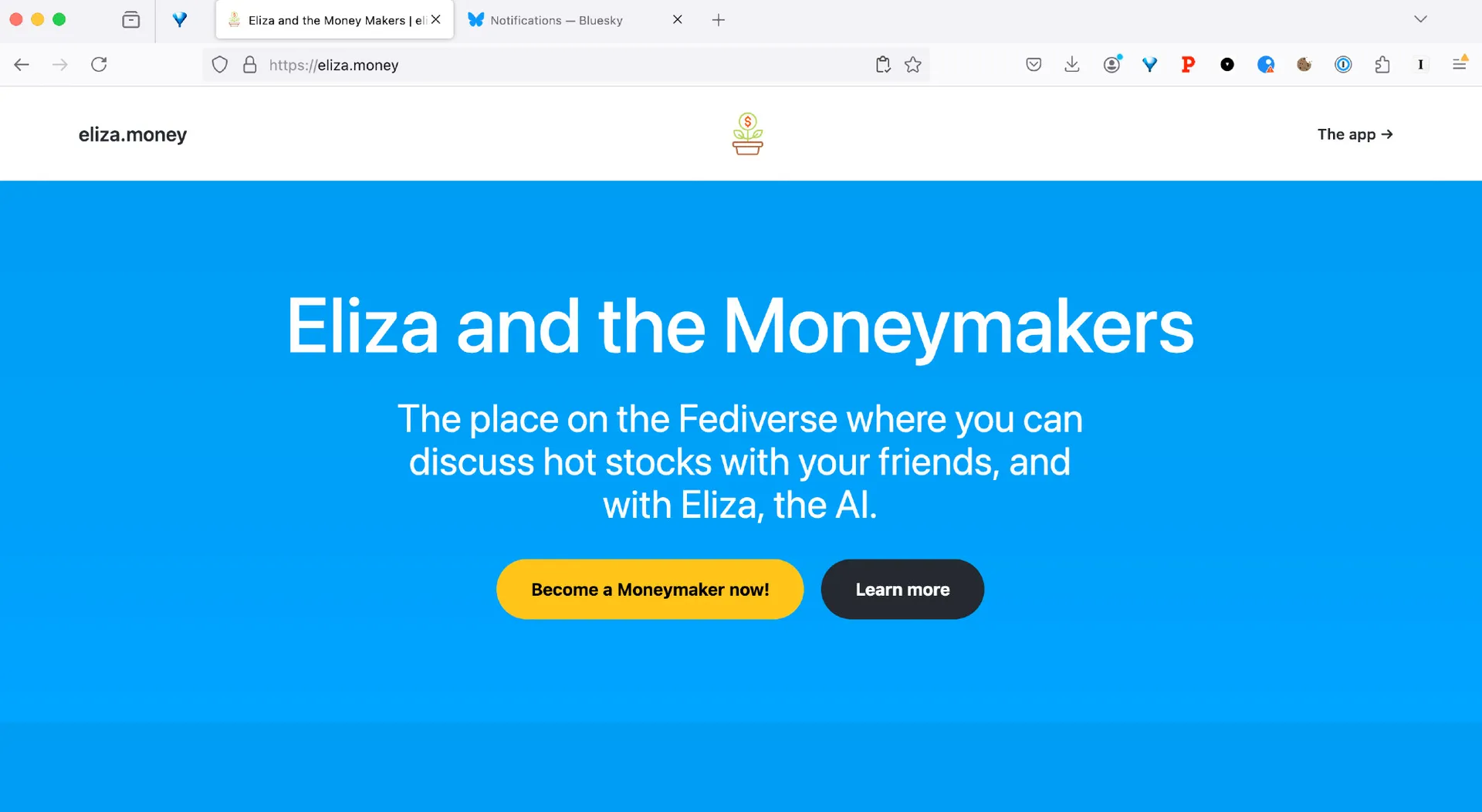 Screenshot showing the hero section of the landing page for eliza.money. A large headline "Eliza and the Moneymakers", then a subheading and two CTA buttons.